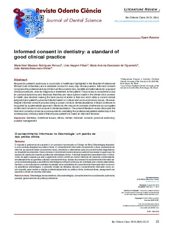 (PDF) Informed consent in dentistry: a standard of good clinical practice