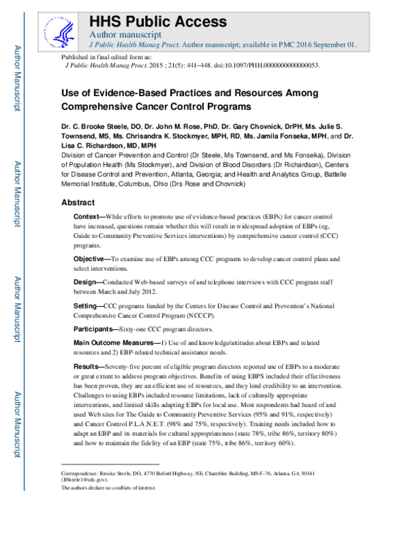 (PDF) Use of Evidence-Based Practices and Resources Among Comprehensive ...