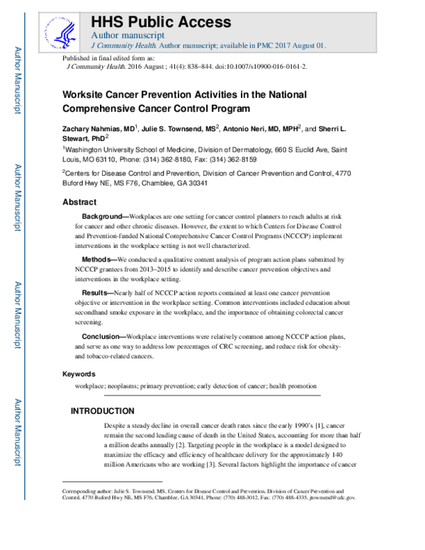 (PDF) Worksite Cancer Prevention Activities in the National ...