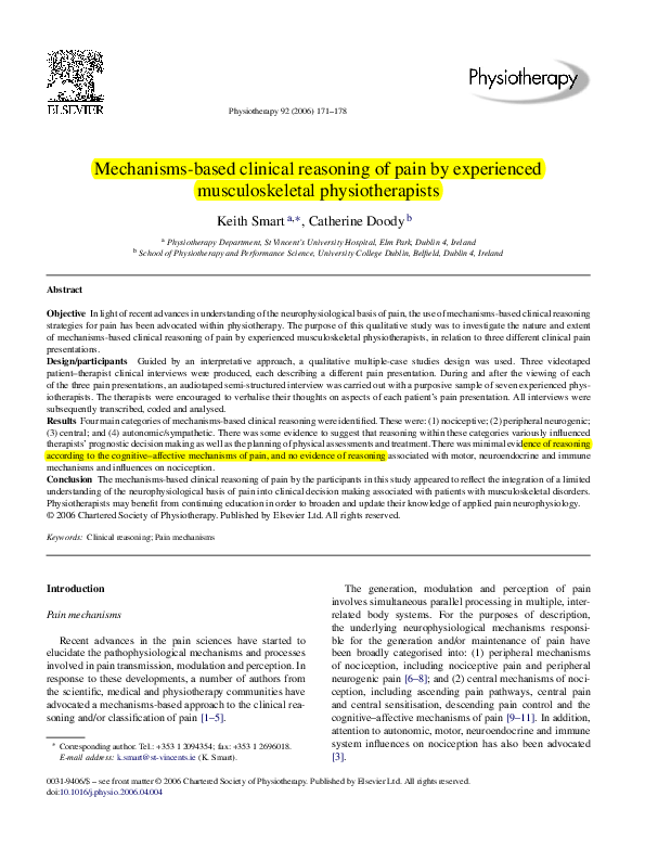(PDF) Mechanisms-based clinical reasoning of pain by experienced ...