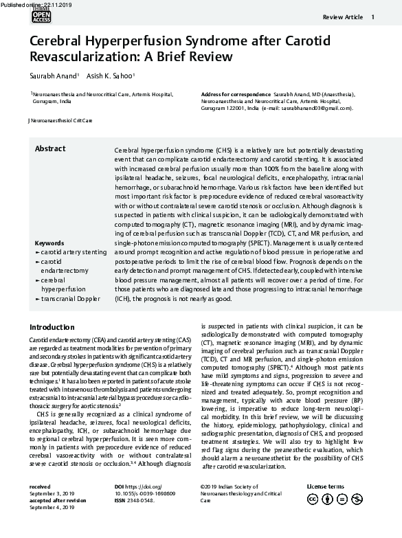 (PDF) Cerebral Hyperperfusion Syndrome after Carotid Revascularization ...