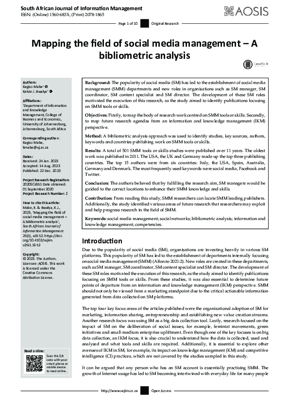 (PDF) Mapping the field of social media management – A bibliometric ...