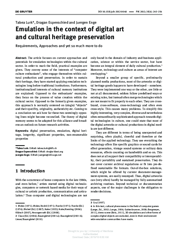 (PDF) Emulation in the context of digital art and cultural heritage ...