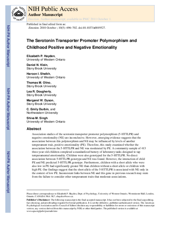 (PDF) The serotonin transporter promoter polymorphism and childhood ...