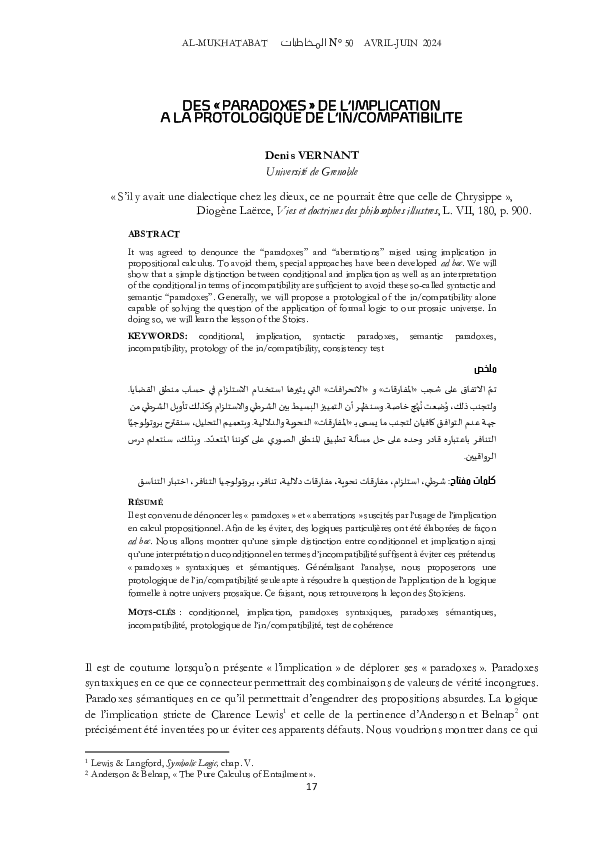 (PDF) Denis Vernant. Des paradoxes de l'implication à la protologique ...
