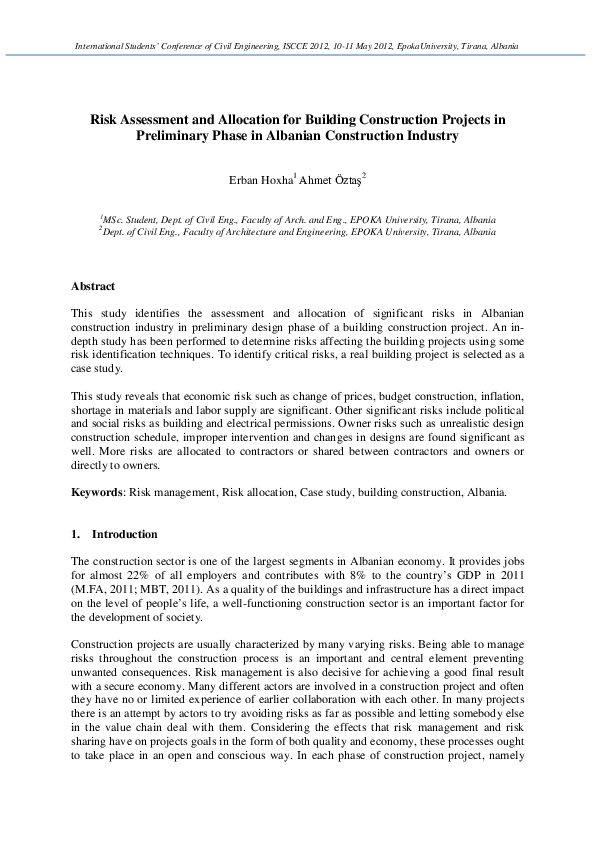 (PDF) Risk Assessment and Allocation for Building Construction Projects ...