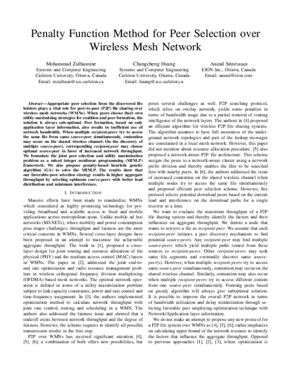 (PDF) Penalty Function Method for Peer Selection over Wireless Mesh Network