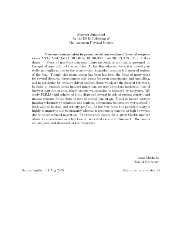 (PDF) Viscous resuspension in pressure driven confined flows of suspensions