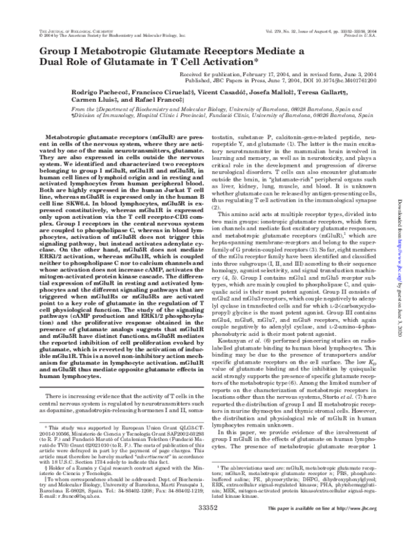 (PDF) Group I Metabotropic Glutamate Receptors Mediate a Dual Role of ...