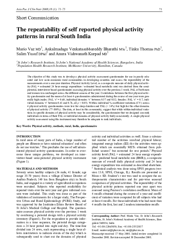 (PDF) The repeatability of self reported physical activity patterns in ...
