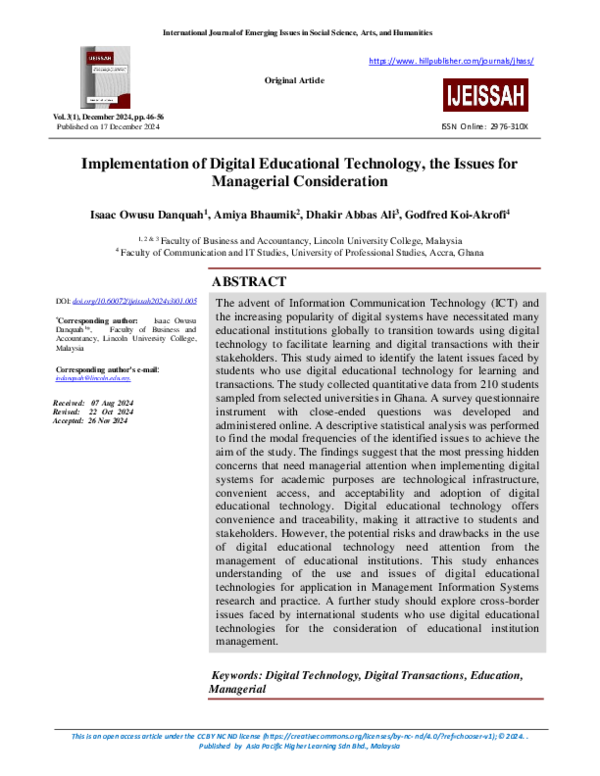 (PDF) Implementation of Digital Educational Technology, the Issues for ...