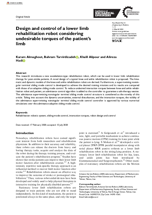 (PDF) Design and control of a lower limb rehabilitation robot ...