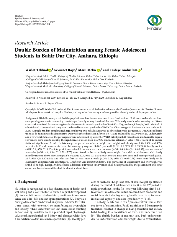 (PDF) Double Burden of Malnutrition among Female Adolescent Students in ...