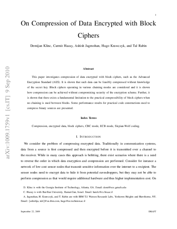 (PDF) On Compression of Data Encrypted With Block Ciphers