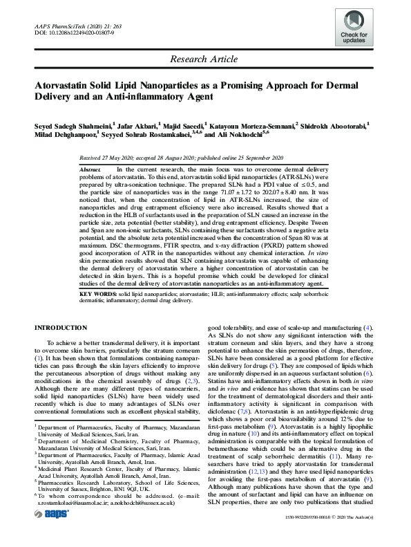 (PDF) Atorvastatin Solid Lipid Nanoparticles as a Promising Approach ...