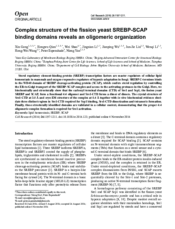(PDF) Complex structure of the fission yeast SREBP-SCAP binding domains ...