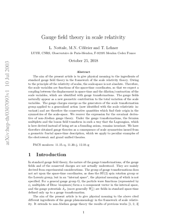 (PDF) Gauge field theory in scale relativity