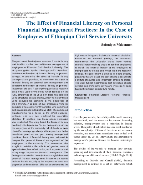 (PDF) The Effect of Financial Literacy on Personal Financial Management ...