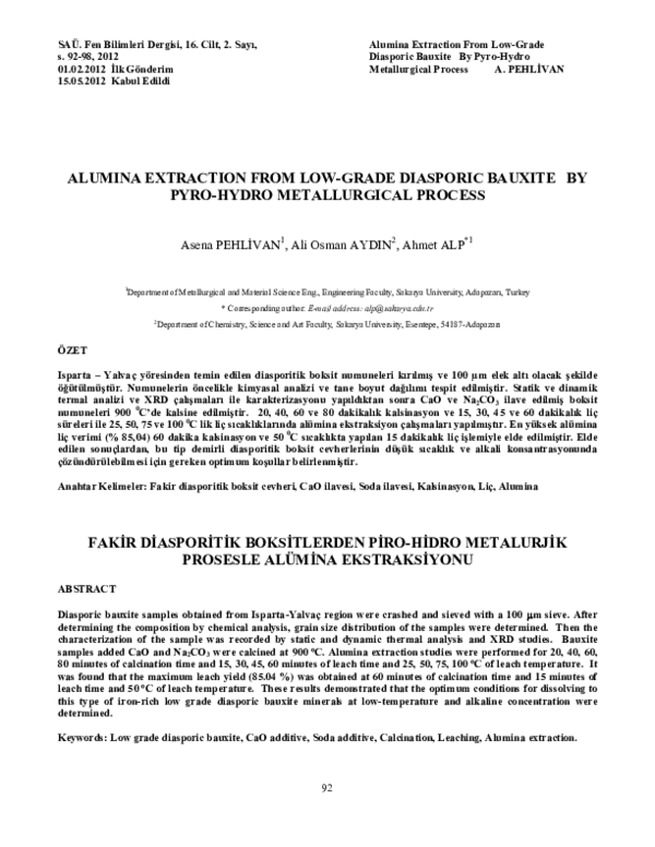 (PDF) Alumina Extraction From Low-Grade Diasporic Bauxite By Pyro-Hydro ...
