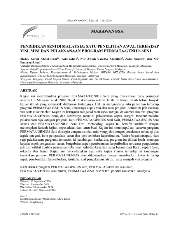 (PDF) Pendidikan Seni Di Malaysia: Satu Penelitian Awal Terhadap, Visi ...