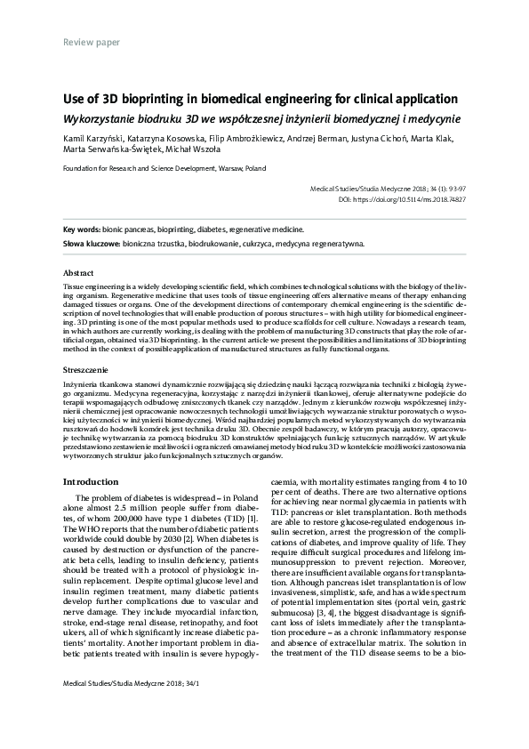 (PDF) Use of 3D bioprinting in biomedical engineering for clinical ...