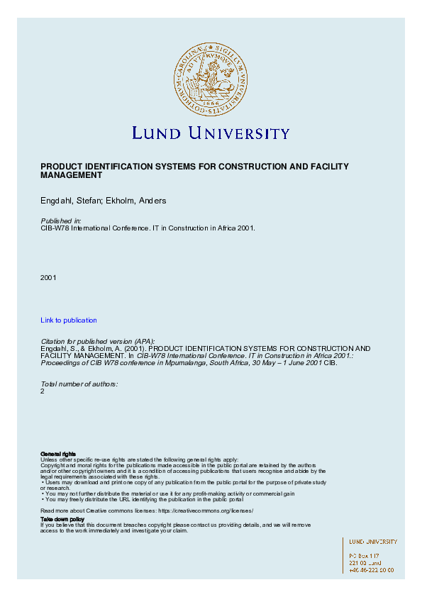 (PDF) Product Identification Systems for Construction and Facility ...