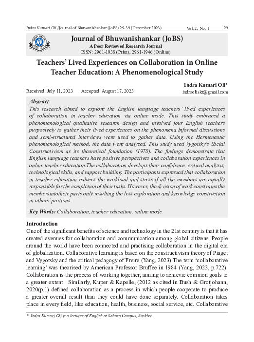 (PDF) Teachers’ Lived Experiences on Collaboration in Online Teacher ...