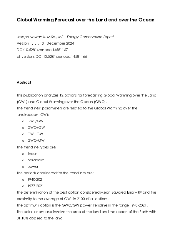 (PDF) Global Warming Forecast over the Land and over the Ocean