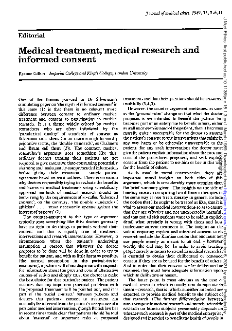 (PDF) Medical treatment, medical research and informed consent