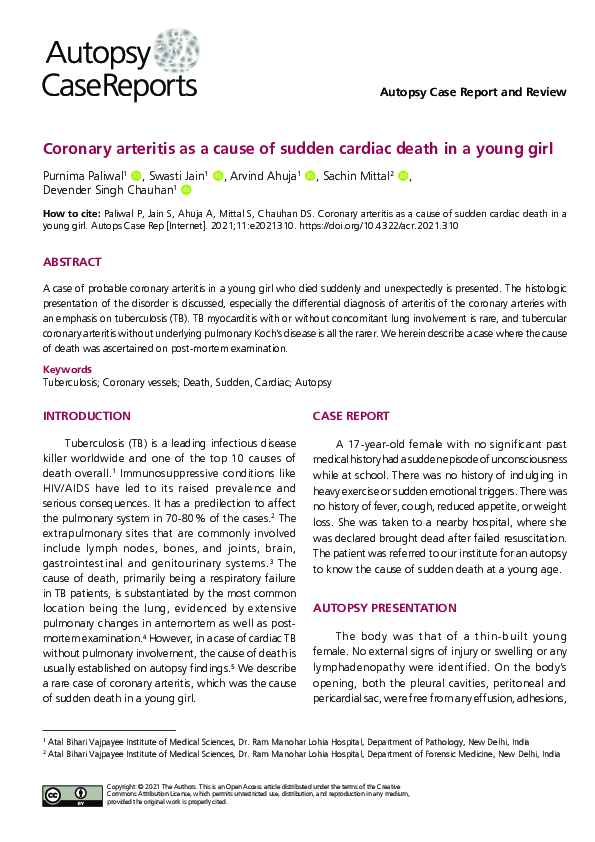 (PDF) Coronary arteritis as a cause of sudden cardiac death in a young girl