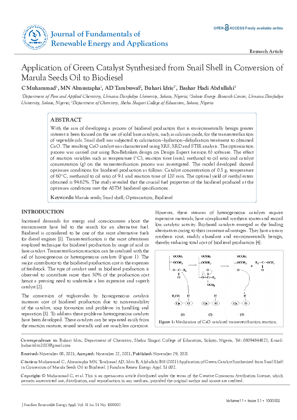 (PDF) Application of Green Catalyst Synthesized from Snail Shell in ...