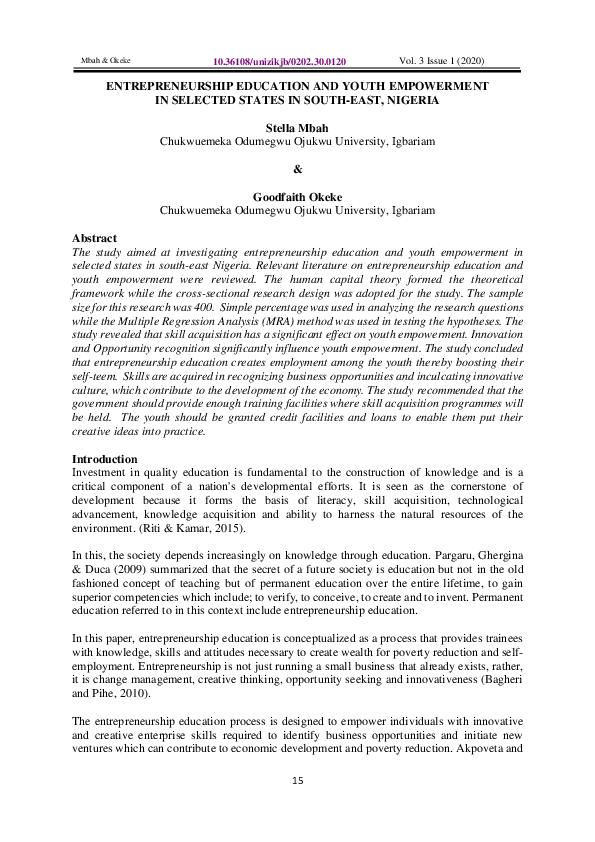 (PDF) Entrepreneurship Education and Youth Empowerment in Selected ...