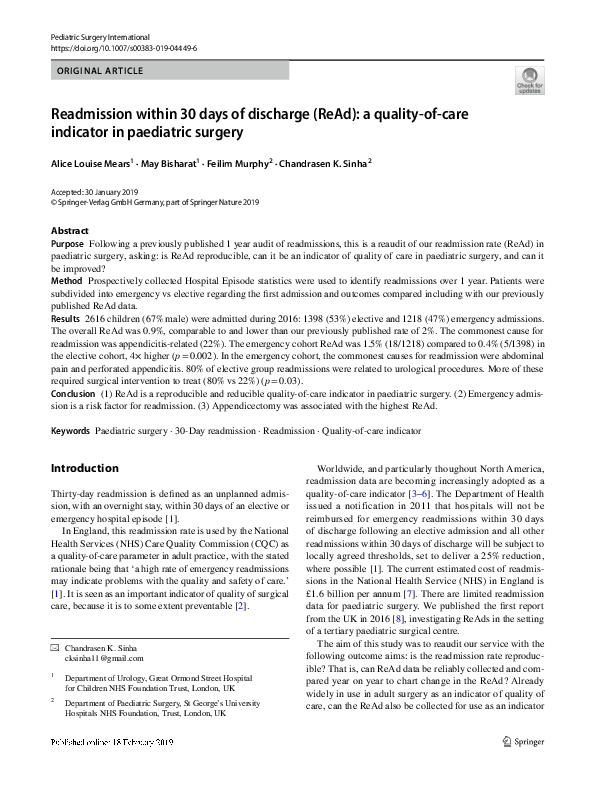 (PDF) Readmission within 30 days of discharge (ReAd): a quality-of-care ...