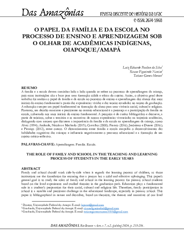 (PDF) O papel da família e da escola no processo de ensino e ...