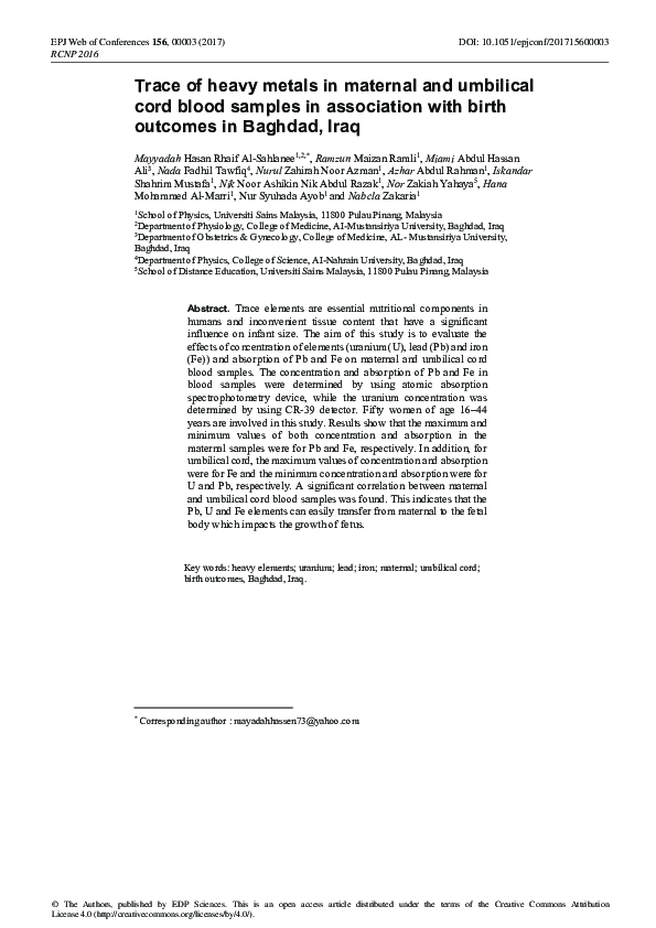 (PDF) Trace of heavy metals in maternal and umbilical cord blood ...