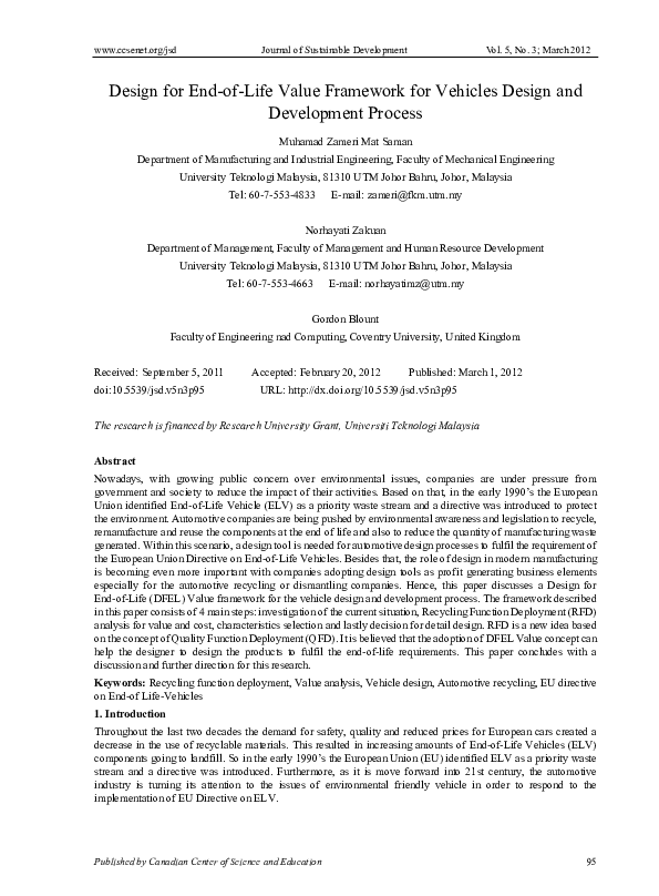 (PDF) Design for End-of-Life Value Framework for Vehicles Design and ...