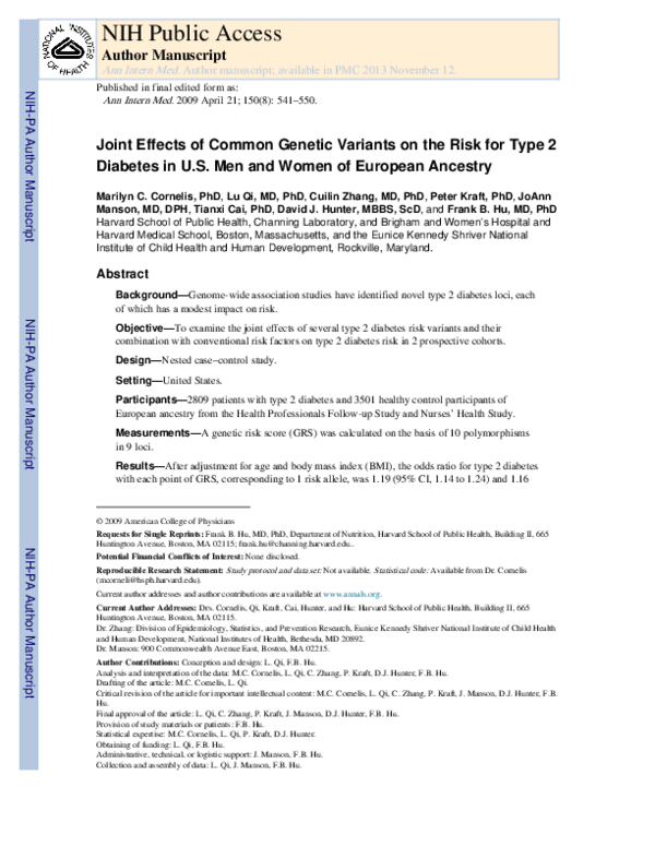 (PDF) Joint Effects of Common Genetic Variants on the Risk for Type 2 ...
