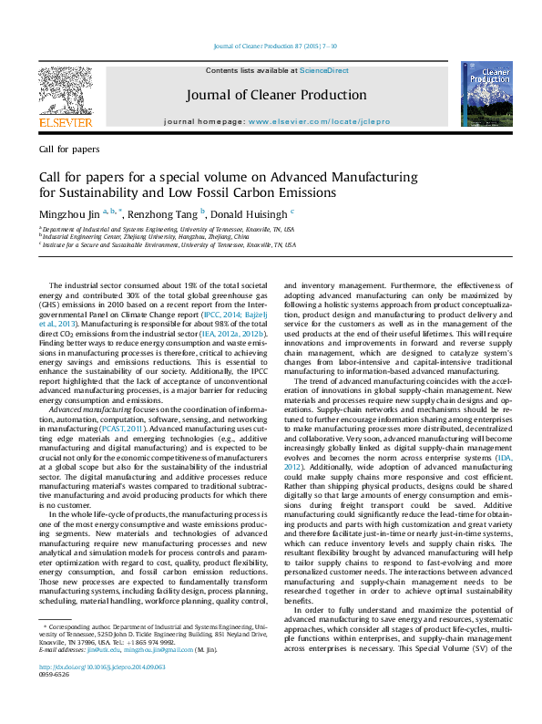 (PDF) Call for papers for a special volume on Advanced Manufacturing ...