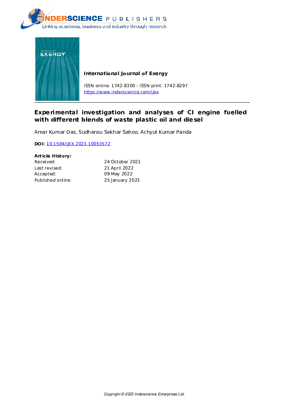 (PDF) Experimental investigation and analyses of CI engine fuelled with ...