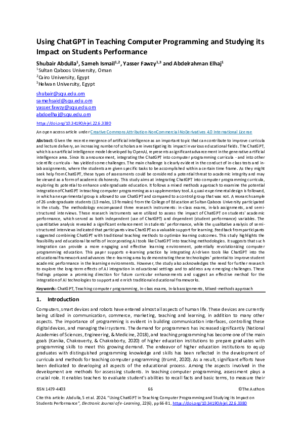 (PDF) Using ChatGPT in Teaching Computer Programmingand Studying its ...