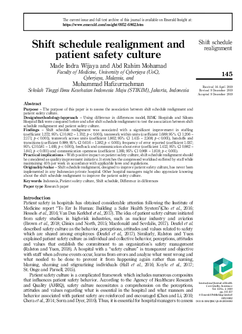 (PDF) Shift schedule realignment and patient safety culture