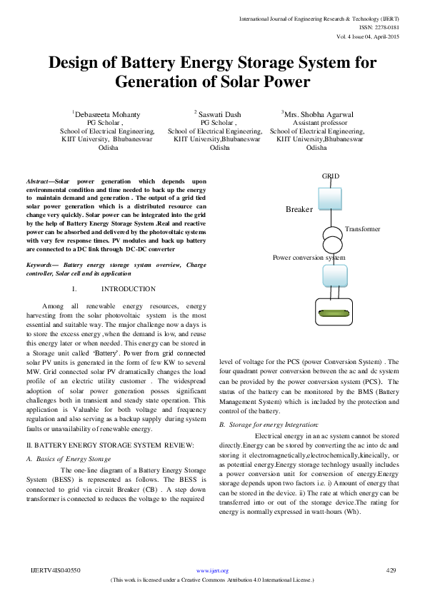 (PDF) Design of Battery Energy Storage System for Generation of Solar Power