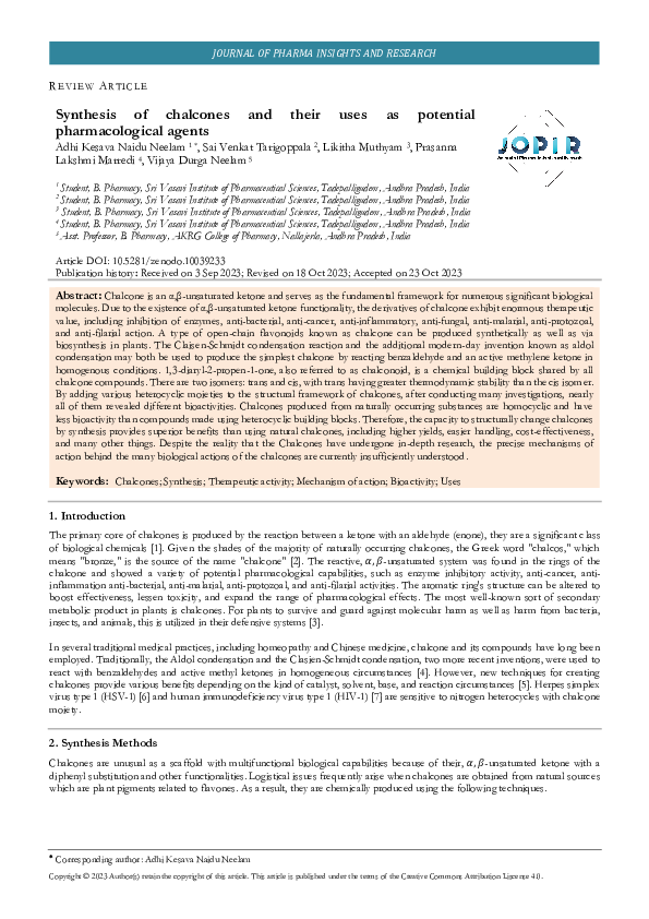 (PDF) Synthesis of chalcones and their uses as potential ...