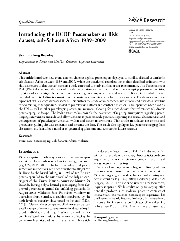(PDF) Introducing the UCDP Peacemakers at Risk dataset, sub-Saharan ...