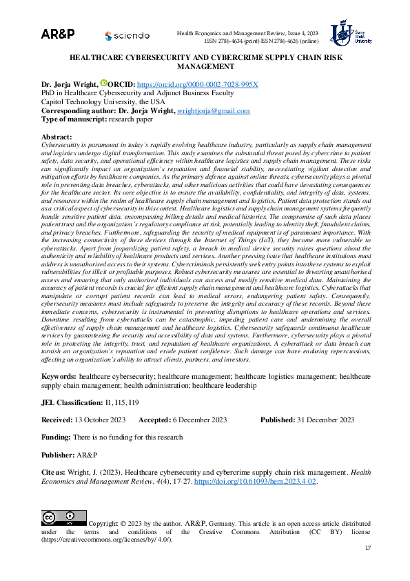 (PDF) Healthcare cybersecurity and cybercrime supply chain risk management
