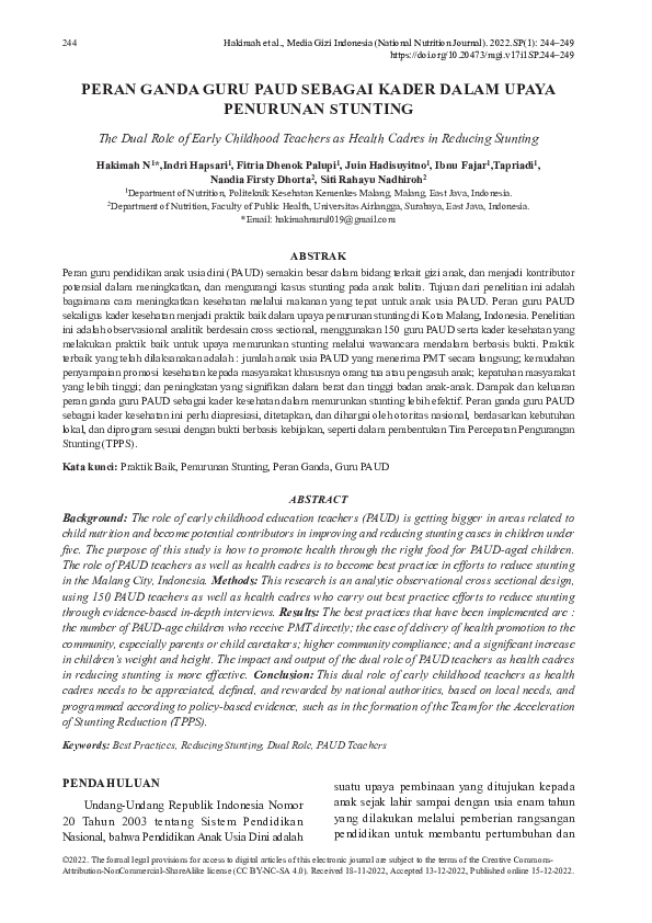 (PDF) Dual Role of Early Childhood Teachers as Health Cadres in ...