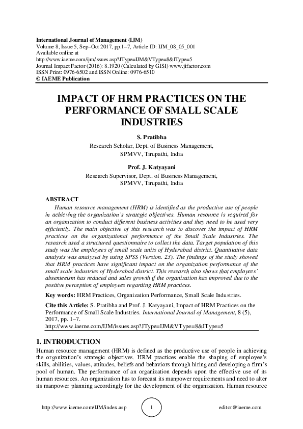 (PDF) IMPACT OF HRM PRACTICES ON THE PERFORMAN sept -Oct