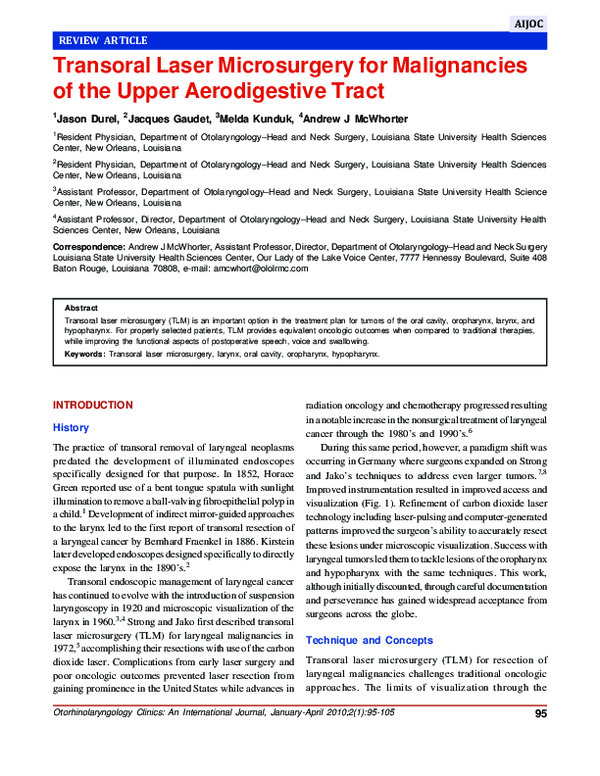 (PDF) Transoral Laser Microsurgery for Malignancies of the Upper ...
