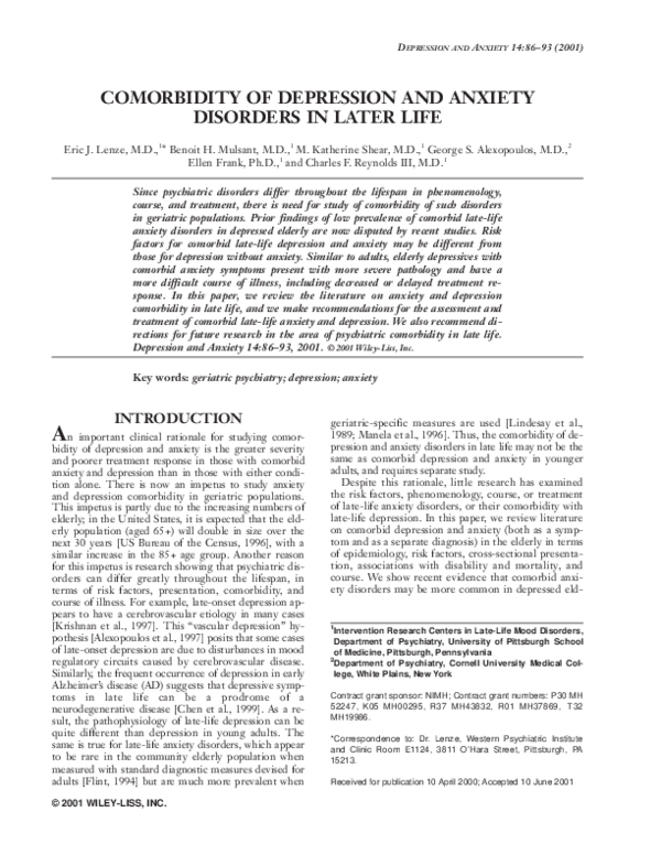 (PDF) Comorbidity of depression and anxiety disorders in later life