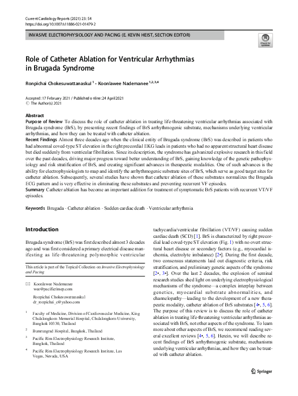 (PDF) Role of Catheter Ablation for Ventricular Arrhythmias in Brugada ...